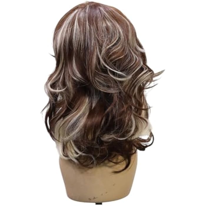 DILLARDS Synthetic Wavy Wig, Medium Length Layered Style With Side Bangs, Brown With Blonde Highlights, Heat Resistant Fiber - Image 1
